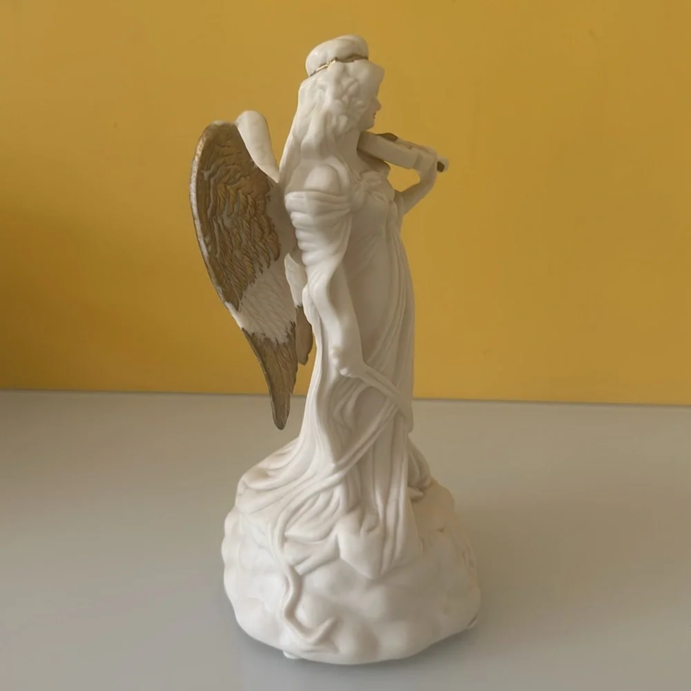 Set of 2 White Ceramic Angel Figurines w/ Harp and Violin Table Décor Sculptures